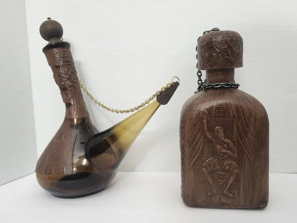 Vintage Spanish Porron Leather Wrapped Amber Glass Decanter Flask Set